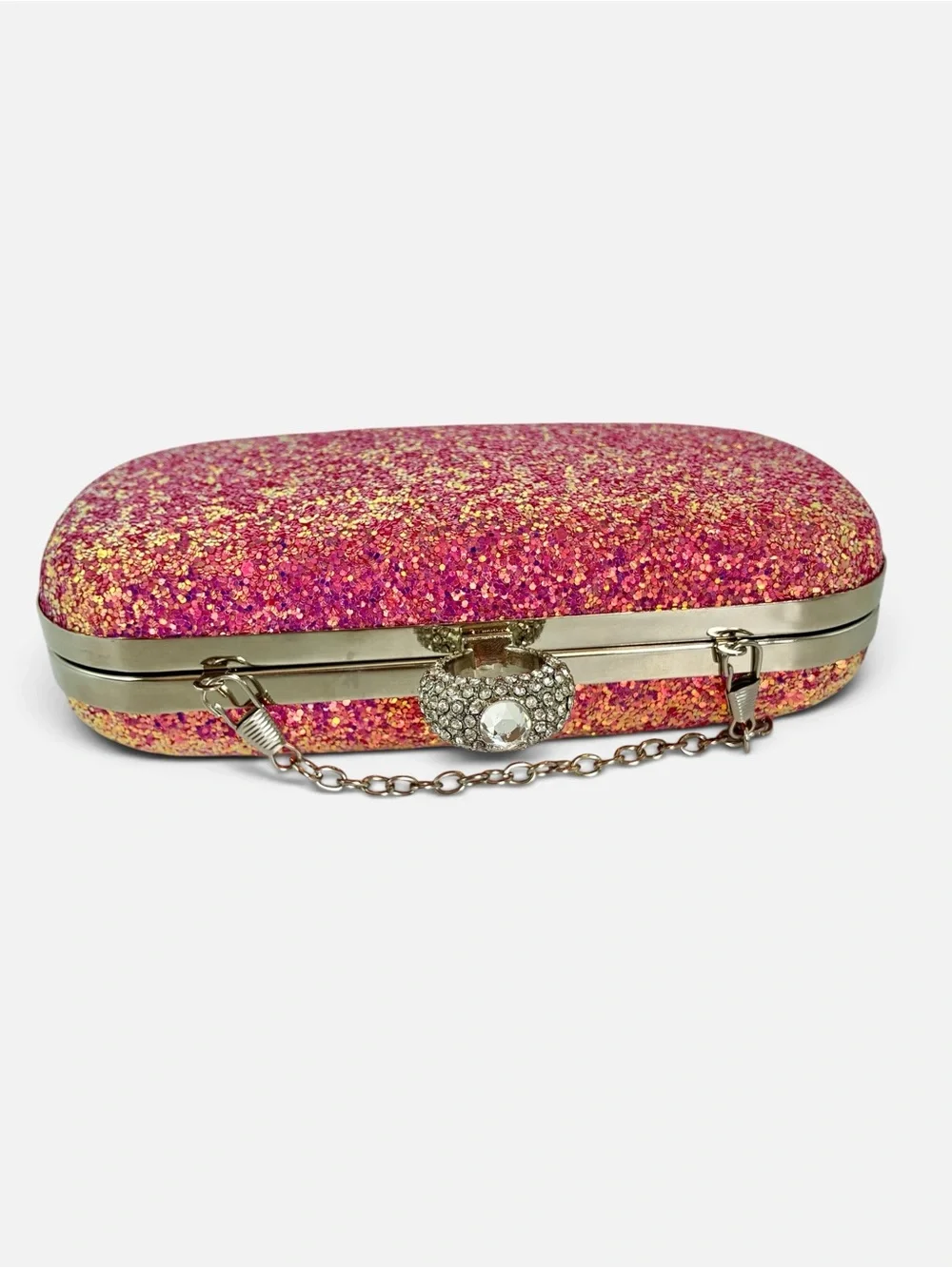 Pink Glitter Ring-Clasp Evening Clutch with Chain